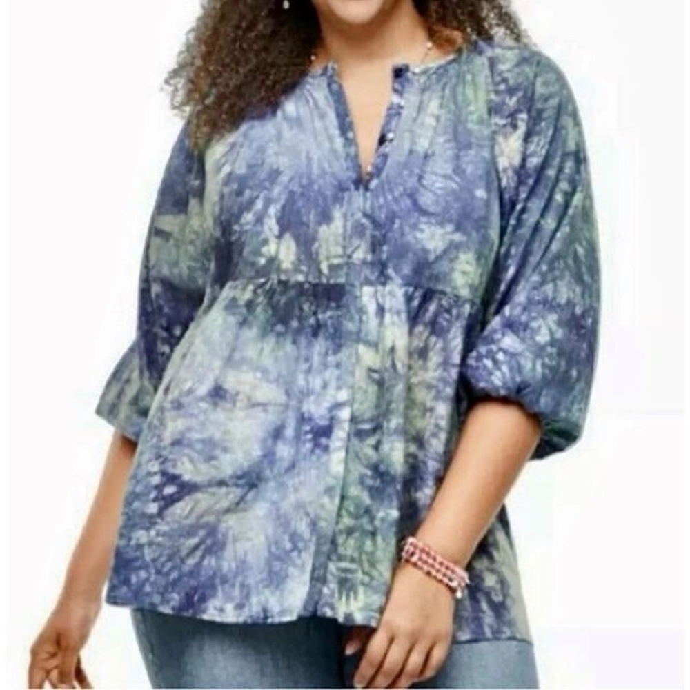 Cabi Woodstock Linen Blend Babydoll Tie Dye Balloon Sleeves Pleated Blouse Top